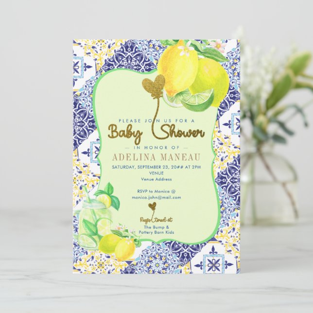 Invitation Carrelage bleu Azulejo Lemon Baby shower italien A (Debout devant)