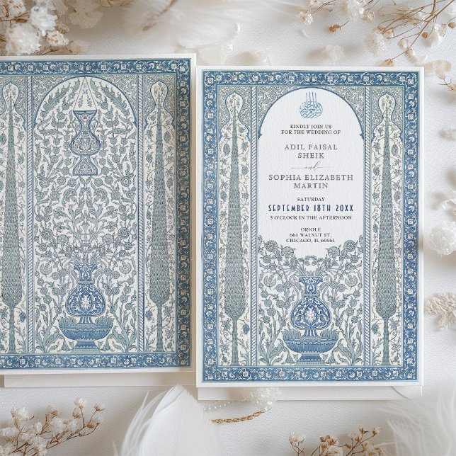 Invitation Carrelage bleu blanc Iznik Mariage musulman inspir (Créateur téléchargé)