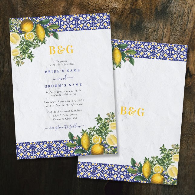 Invitation Carrelage bleu blanc jaune méditerranéen Mariage c (Blue White Yellow Mediterranean Tile Lemon Wedding Invitation)