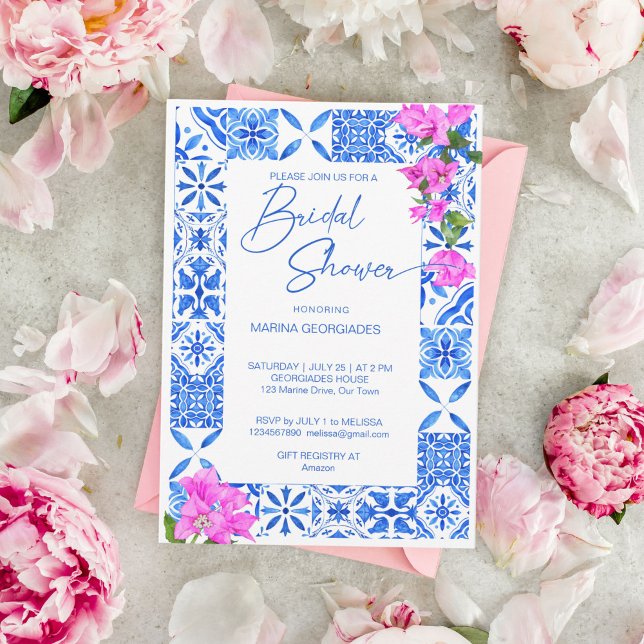 Invitation Carrelage bleu Bougainvillea élégante douche nupti (Blue Tiles Bougainvillea elegant Mediterranean Greek bridal shower Invitation template download)