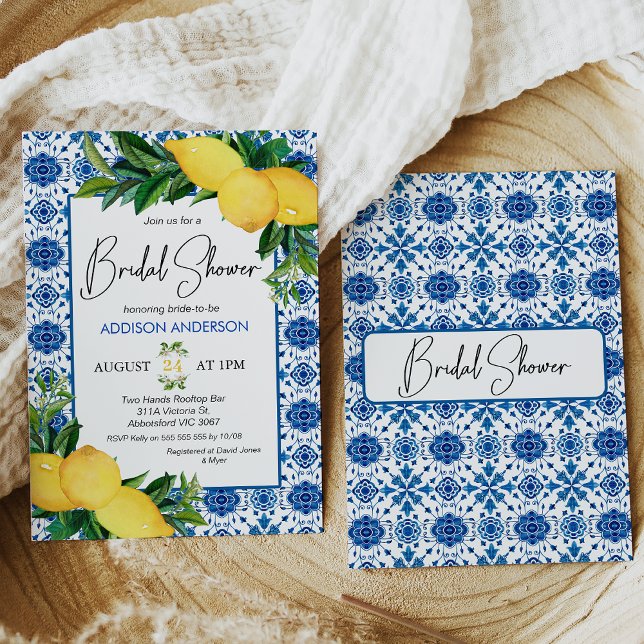 Invitation Carrelage bleu Citron à thème Douche nuptiale Invi (Mediterranean blue tile, lemons and foliage bridal shower invitation with modern calligraphy heading)