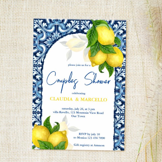 Invitation Carrelage bleu citron Amalfi Positano couple douch (Créateur téléchargé)