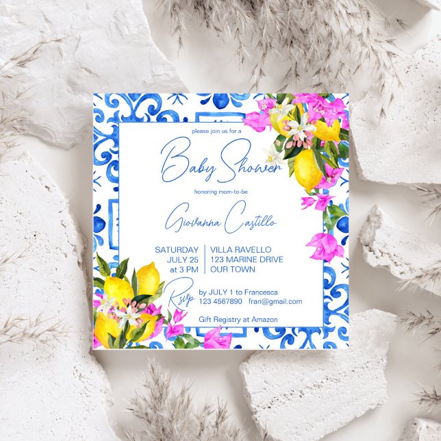 Invitation Carrelage bleu Citrons Bougainvilliers Méditerrané (Blue Tiles Lemons Bougainvillea Mediterranean Italian Green baby shower Invitation template digital)