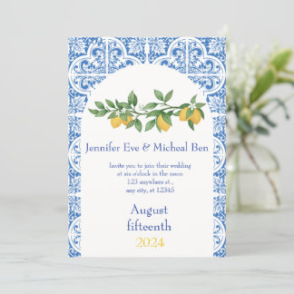 Invitation Carrelage bleu et blanc Mariage citron