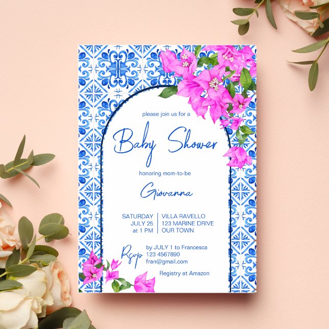 Invitation Carrelage bleu et Bougainvillier Baby shower éléga (Créateur téléchargé)
