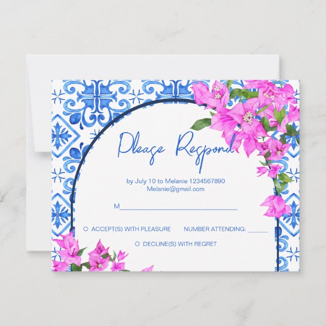 Invitation Carrelage bleu et Bougainvilliers élégant méditerr (Devant)