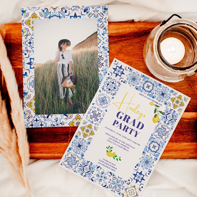 Invitation Carrelage bleu italien à l'aquarelle pour la remis (Créateur téléchargé)