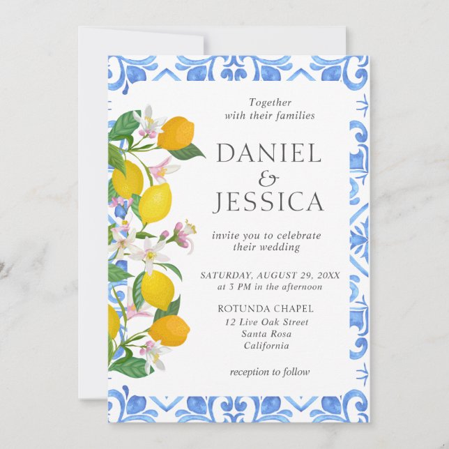 Invitation Carrelage bleu italien aquarelle citron mariage (Devant)