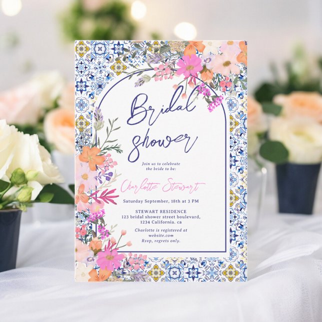 Invitation Carrelage bleu italien aquarelle fleurie douche nu (Italian blue tiles watercolor floral bridal shower invitation)