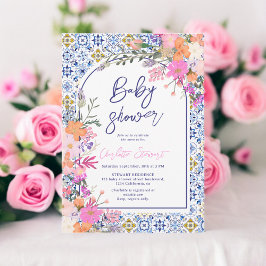 Invitation Carrelage bleu italien baby shower floral aquarell