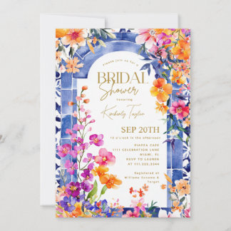 Invitation Carrelage Bleu Italien Fête de Mariage Florale Lum