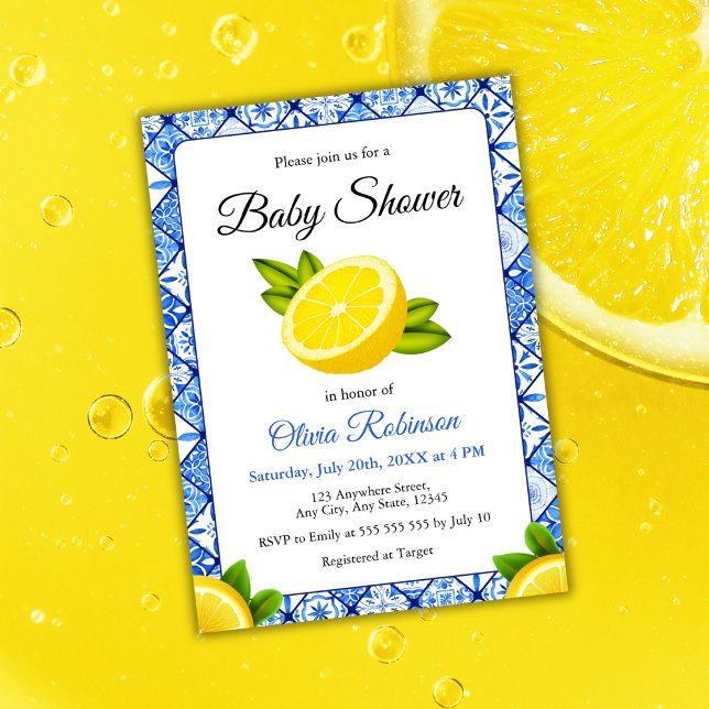 Invitation Carrelage bleu italien Positano Baby shower citron (Italian Blue Tile Positano Lemon Baby Shower Invitation )