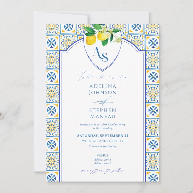 Invitation Carrelage bleu méditerranéen Citron tout en un Mar (Devant)