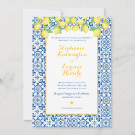 Invitation Carrelage bleu méditerranéen Citrons jaunes Mariag