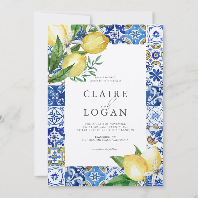 Invitation Carrelage bleu méditerranéen Citrus Lemon Mariage (Devant)
