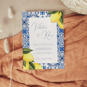 Invitation Carrelage bleu méditerranéen et mariage aux agrume