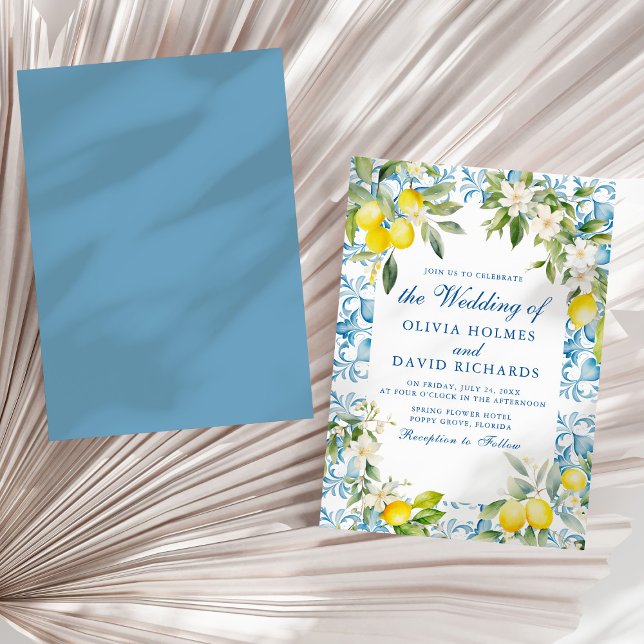 Invitation Carrelage bleu méditerranéen et Mariage citron (Mediterranean Blue Tiles and Lemon Wedding Invitation on a sunny white dry palm leaf.)