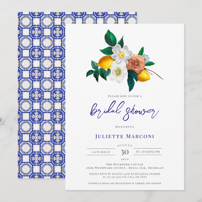 Invitation Carrelage bleu méditerranéen Fête des mariées de c (Devant / Derrière)