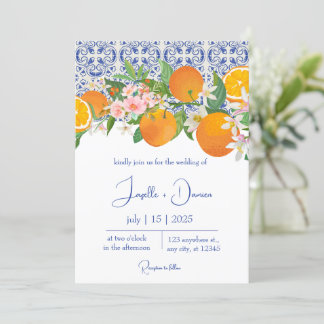 Invitation Carrelage bleu méditerranéen italien et Mariage or