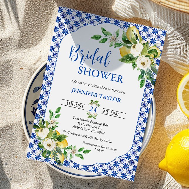 Invitation Carrelage bleu méditerranéen Rose Fête des mariées (Blue Mediterranean Tile Bridal Shower Invitations template, Mediterranean Shower Invitation, Lemon)