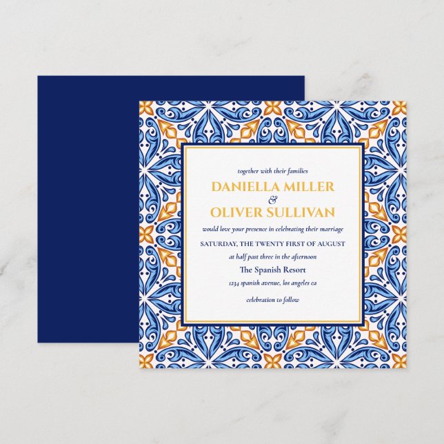 Invitation Carrelage espagnol | mariage méditerranéen bleu ja (Devant / Derrière)