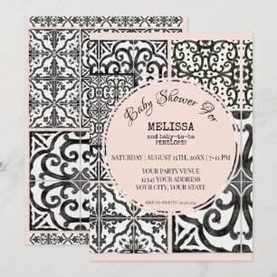 Invitation Carrelage Hacienda Noir Blanc Bleu Baby shower mod