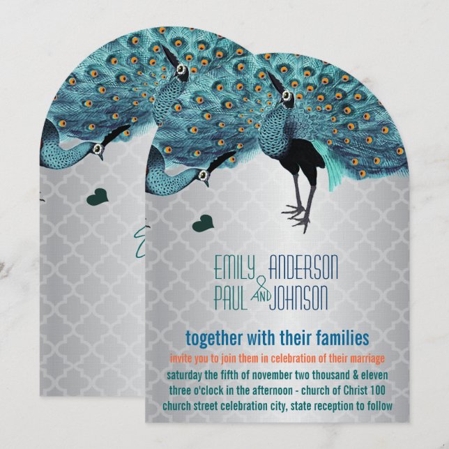 Invitation Carrelage marocain d'argent Aqua & Mariage Peacock (Devant / Derrière)