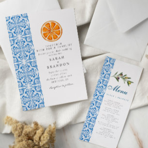 Invitation Carrelage méditerranéen mariage bleu orange aquare