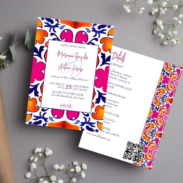Invitation Carrelage mexicain rose orange rose tout en un mar (Pink orange blue Mexican tiles all in one wedding editable template Invitation digital download folk)