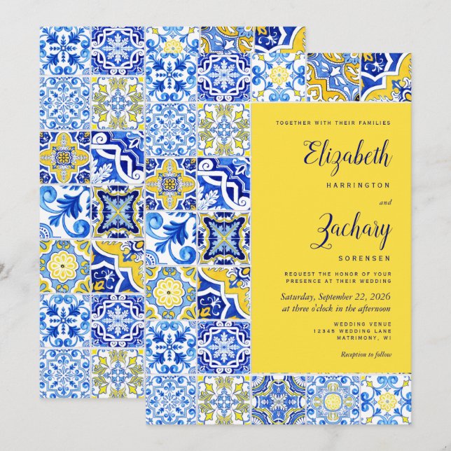 Invitation Carrelage portugais rustique bleu Mariage jaune (Devant / Derrière)