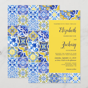 Invitation Carrelage Portugais Rustique Mariage Bleu Jaune