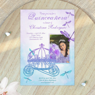 Invitation Carriage pourpre et turquoise Quinceañera