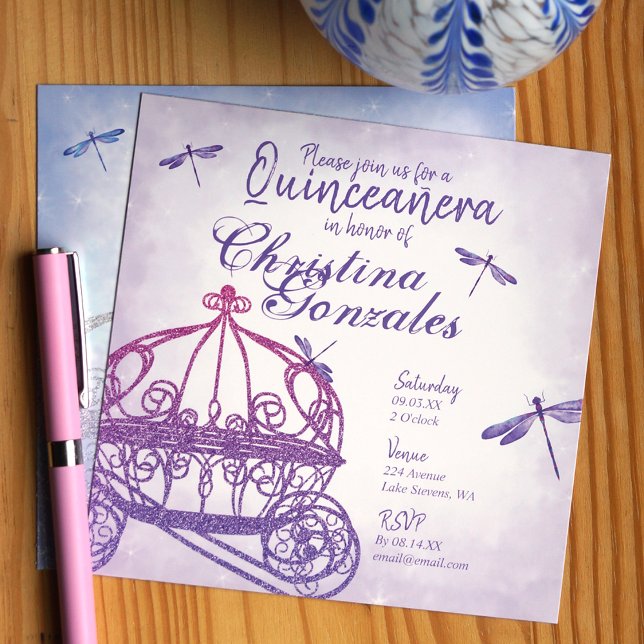 Invitation Carrières de Cheval Violet Quinceañera (Purple horse carriage quinceanera princess invitations)