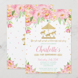 Invitation Carrousel 1er anniversaire Rose Floral Gold Girl