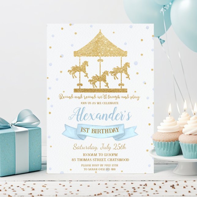 Invitation Carrousel bleu et or Boy 1er anniversaire (Créateur téléchargé)
