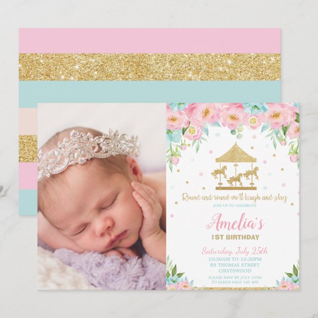 Invitation Carrousel floral de Monnaie rose 1er anniversaire  (Devant / Derrière)