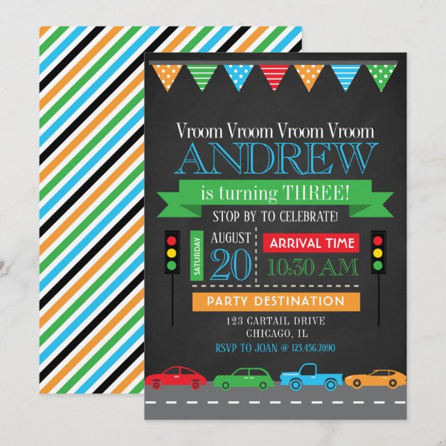 Invitation Cars Chalkboard fête d'anniversaire (Devant / Derrière)