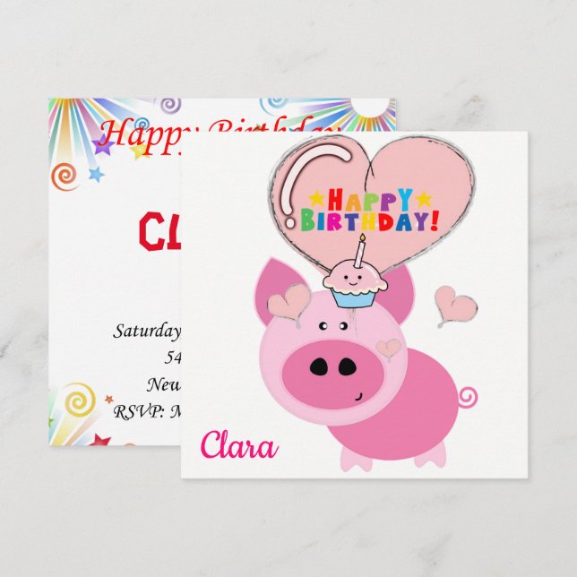 Invitation Carte d'anniversaire Cochon Rose (Devant / Derrière)