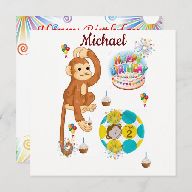 Invitation Carte d'anniversaire Singe Deux Ans (Devant / Derrière)
