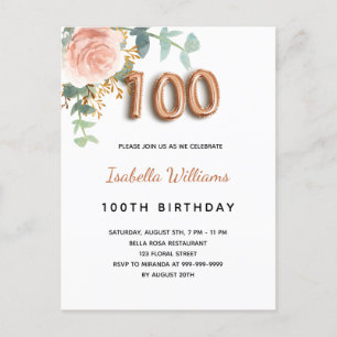 Invitation Carte Postale 100e anniversaire fleuri rose d'or eucalyptus feui