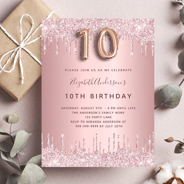 Invitation Carte Postale 10e anniversaire rose poussiéreux parties scintill (Créateur téléchargé)