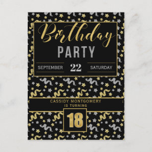 Invitation Carte Postale 18e anniversaire Confetti en Noir et Or
