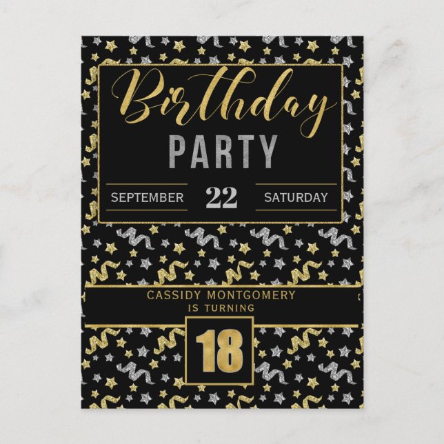 Invitation Carte Postale 18e anniversaire Confetti en Noir et Or (Devant)