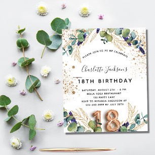 Invitation Carte Postale 18e anniversaire eucalyptus parties scintillant ve