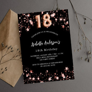 Invitation Carte Postale 18e anniversaire noir rose étoiles d'or