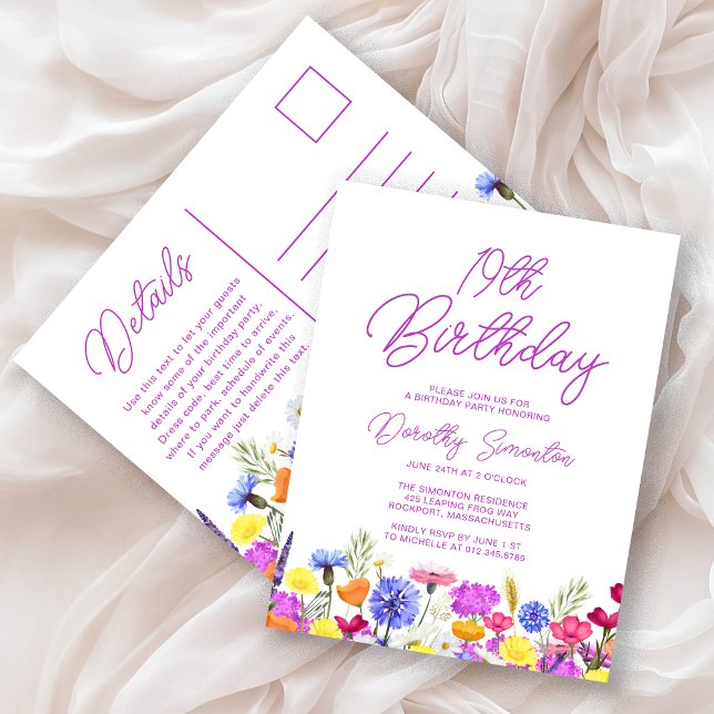 Invitation Carte Postale 19e Anniversaire fête violet Fleurs sauvages abord (Créateur téléchargé)