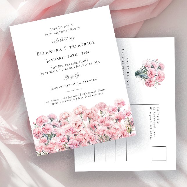 Invitation Carte Postale 19th Birthday Pink Carnation January Birth Flower (Créateur téléchargé)