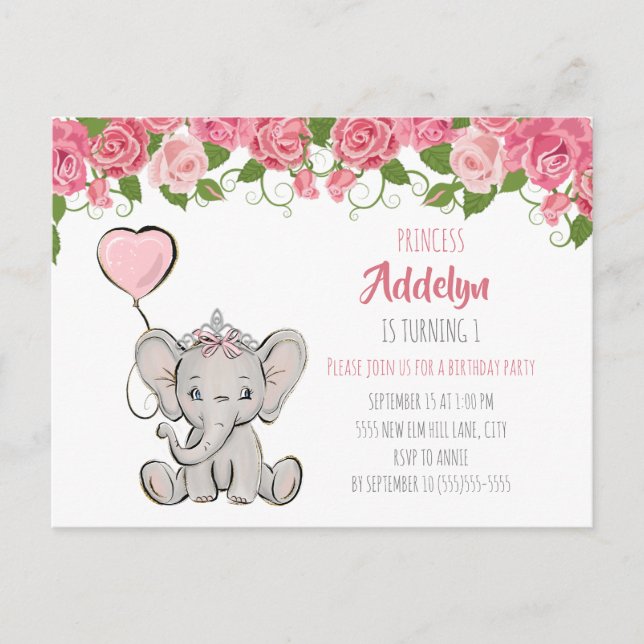 Invitation Carte Postale 1er anniversaire de la princesse Eléphant Floral r (Devant)
