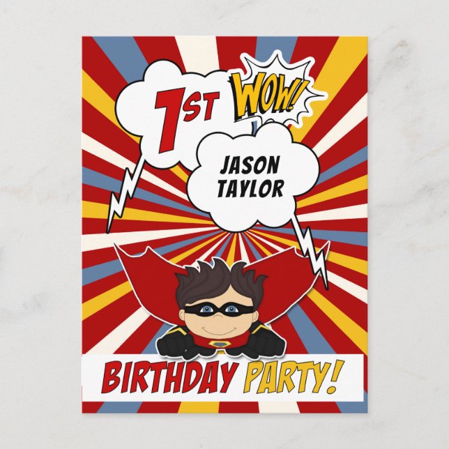 Invitation Carte Postale 1ère bande dessinée Superhero Styled fête d'annive (Devant)