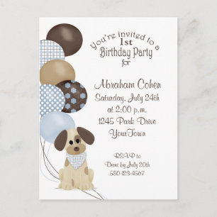 Invitation Carte Postale 1ère fête d'anniversaire avec chiot et ballons